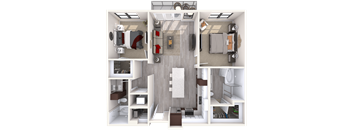 A 3D floor plan of a small apartment with a kitchen, living room, and bathroom.