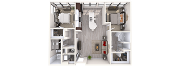 A 3D rendered image of a small apartment layout.