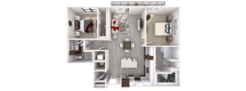 A 3D floor plan of a small apartment with a kitchen, living room, and bedroom.