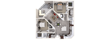 A 3D floor plan of a house showing a living room, kitchen, dining room, and bedrooms.