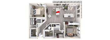 A 3D rendered image of a small, modern, and efficient living space.