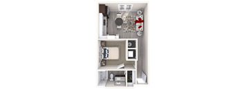 A 3D floor plan of a small apartment with a kitchen, living room, and bathroom.