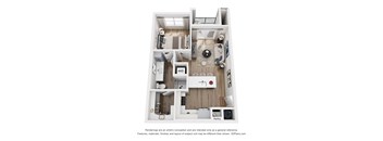 A 3D floor plan of a house with labeled rooms.