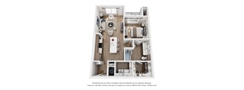 A 3D floor plan of a house with labeled rooms.