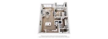 A 3D floor plan of a small apartment with a kitchen, living room, and bedroom.