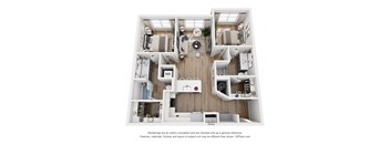 A 3D floor plan of a house with a kitchen, living room, and two bedrooms.