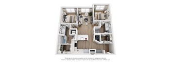 A 3D floor plan of a house with a kitchen, living room, and two bedrooms.