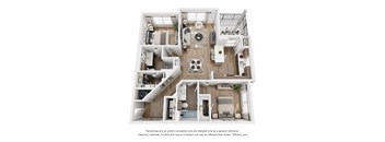 A 3D floor plan of a house with a kitchen, living room, and bathroom.