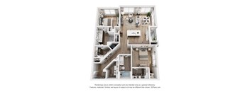 A 3D floor plan of a house with a kitchen, living room, and two bedrooms.