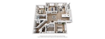 A 3D floor plan of a house with a kitchen, living room, and two bedrooms.