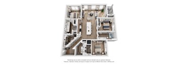 A 3D floor plan of a house with a kitchen, living room, and bedrooms.