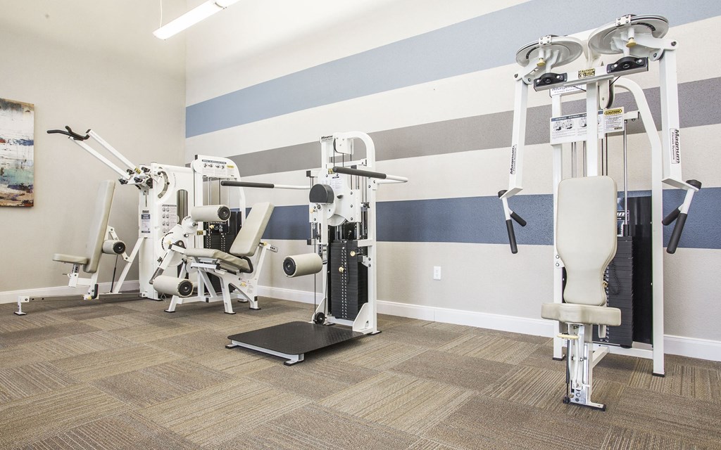 A gym with a variety of equipment including a leg press machine.