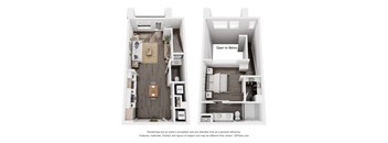 a stylized floor plan with a bedroom and a living room