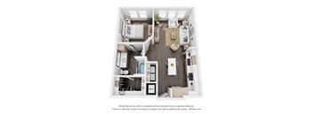 a 1 bedroom floor plan with a fireplace