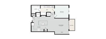 A floor plan of a house with a bedroom, living room, kitchen, pantry, study, and two closets.