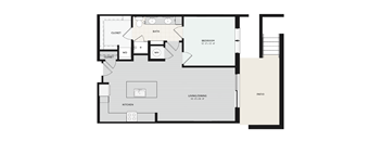 A floor plan of a house with a bedroom, living room, kitchen, and bathroom.
