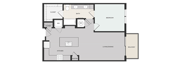 A floor plan of a house with a kitchen, pantry, living/dining area, bedroom, bathroom, and two closets.