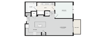 A floor plan of a house with a bedroom, living room, kitchen, pantry, bathroom, and two closets.