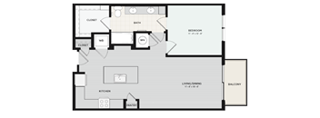 A floor plan of a house with a living room, dining room, kitchen, pantry, two bathrooms, and two closets.