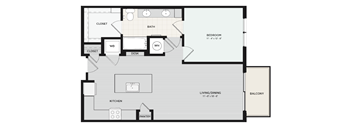A floor plan of a small apartment with a bedroom, living room, kitchen, pantry, and two closets.
