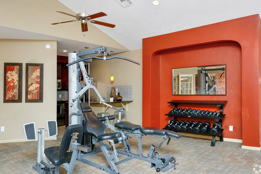 the gym in the clubhouse has a lot of exercise equipment