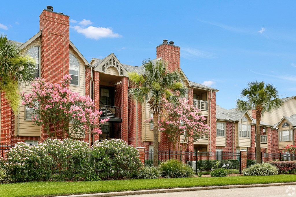 a row of houses with palm trees and flowering plants