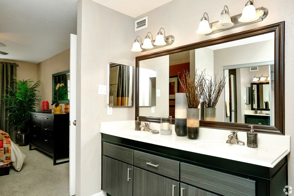 a bathroom with a large mirror and a sink