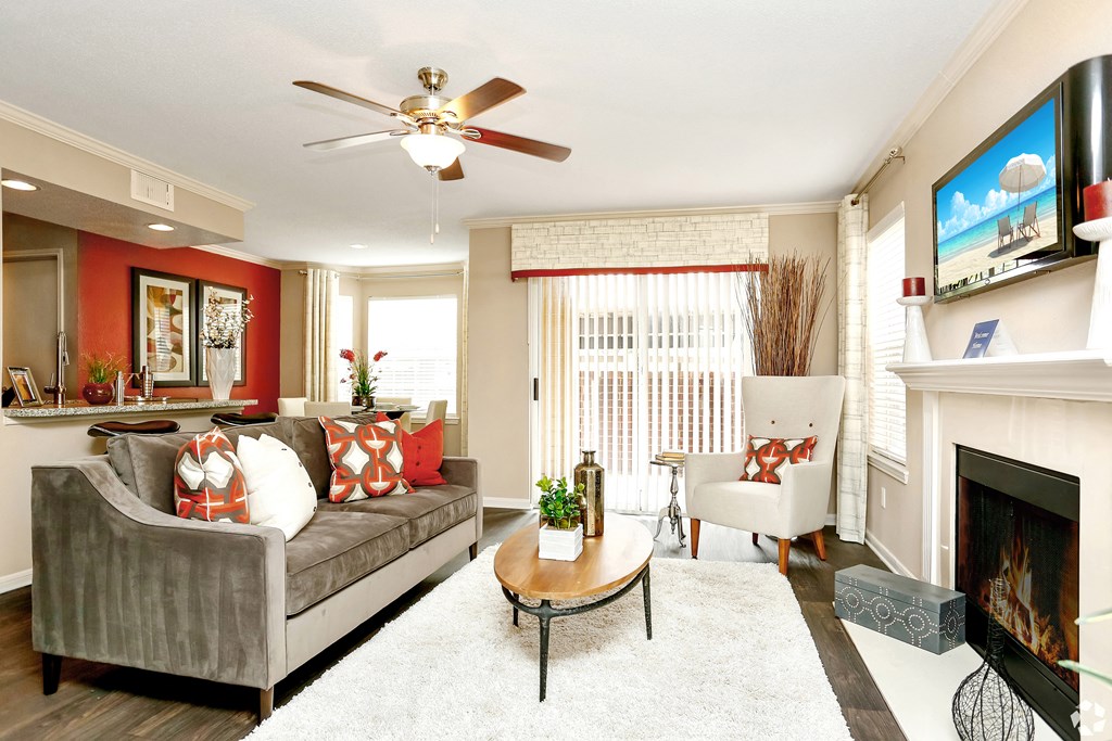 a living room with a couch and a coffee table
