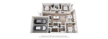A 3D floor plan of a house with two bedrooms, a living room, a kitchen, a bathroom, and a garage.
