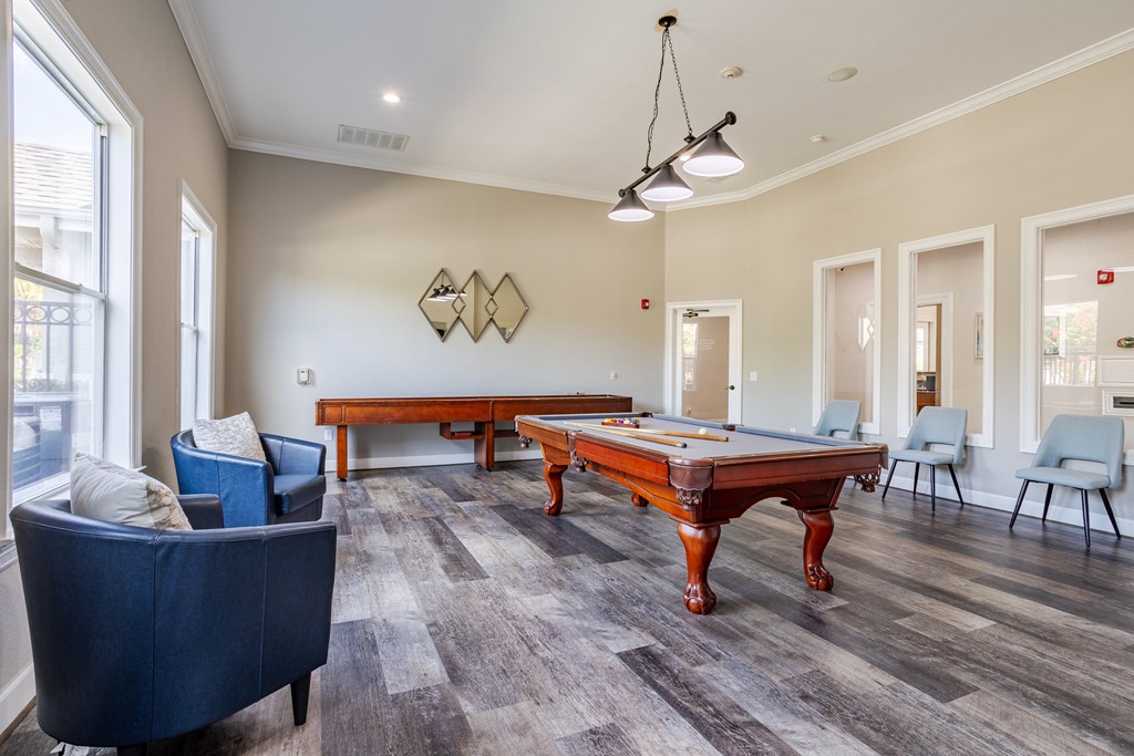 a game room with a pool table and a billiard table