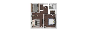 a stylized floor plan with a bedroom and a bathroom