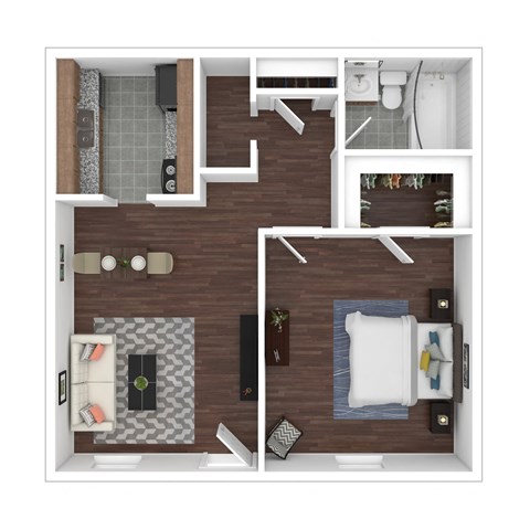 a stylized floor plan with a bedroom and a bathroom