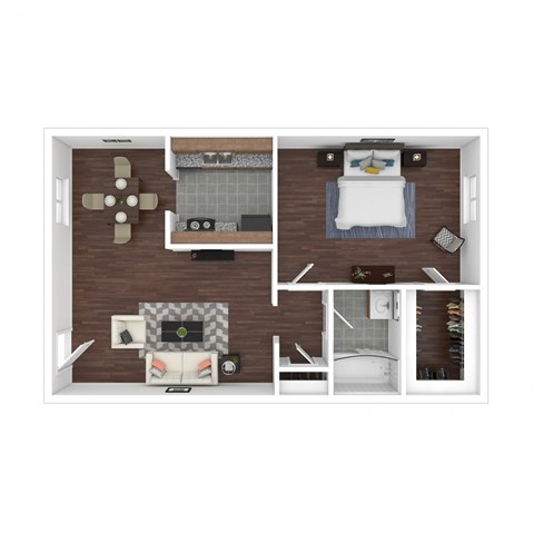 a 1 bedroom floorplan with a bathroom and a living room