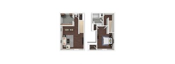a stylized floor plan with a bedroom and a bathroom