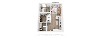 A 3D floor plan of a small apartment with a kitchen, living room, and bathroom.