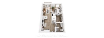 A 3D floor plan of a small apartment with a kitchen, living room, and bathroom.