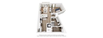 A floor plan of a house with a kitchen, living room, and bathroom.