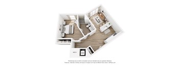 A 3D floor plan of a house with a kitchen, living room, and bathroom.