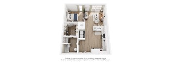 A 3D floor plan of a small apartment with a kitchen, bathroom, and living room.
