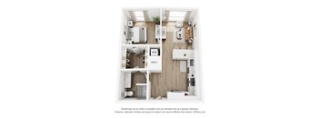 A floor plan of a small apartment with a kitchen, living room, and bathroom.