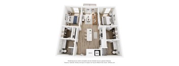 A 3D floor plan of a house with labeled rooms.
