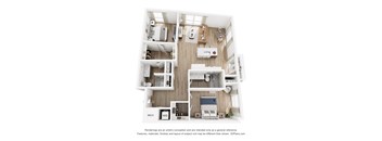 A 3D floor plan of a small apartment with a kitchen, living room, and two bedrooms.