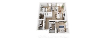 A 3D floor plan of a small apartment with a kitchen, living room, and bathroom.