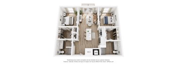 A 3D floor plan of a house with labeled rooms.