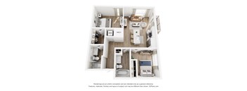 A 3D floor plan of a house with labeled rooms.