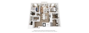 A 3D floor plan of a house with labeled rooms.