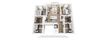 A 3D floor plan of a house with labeled rooms.