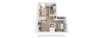 A 3D floor plan of a small apartment with a kitchen, living room, and bathroom.