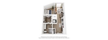 A 3D floor plan of a small apartment with a kitchen, living room, and bathroom.
