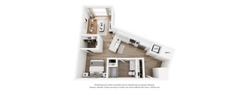 A floor plan of a small apartment with a kitchen, living room, and bathroom.